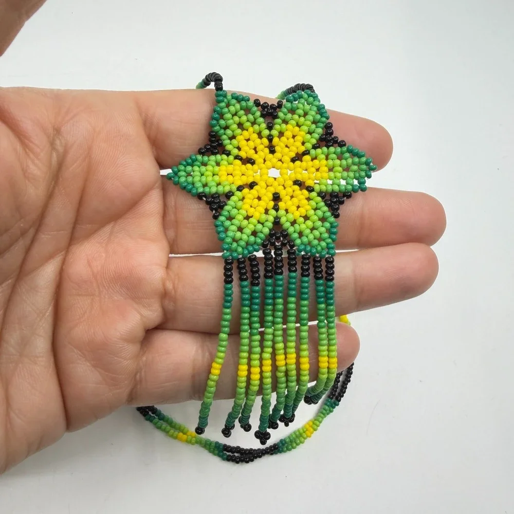 Necklace Green Yellow Seed Bead Floral Fringe Vintage Boho Artisan Statement Bib